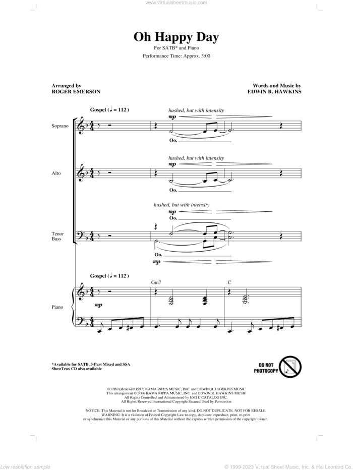 Oh Happy Day (arr. Roger Emerson) sheet music for choir (SATB: soprano, alto, tenor, bass) by Edwin R. Hawkins and Roger Emerson, intermediate skill level
