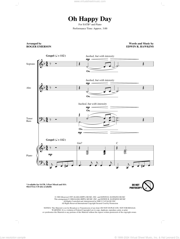 Oh Happy Day (arr. Roger Emerson) sheet music for choir (SATB: soprano, alto, tenor, bass) by Edwin R. Hawkins and Roger Emerson, intermediate skill level