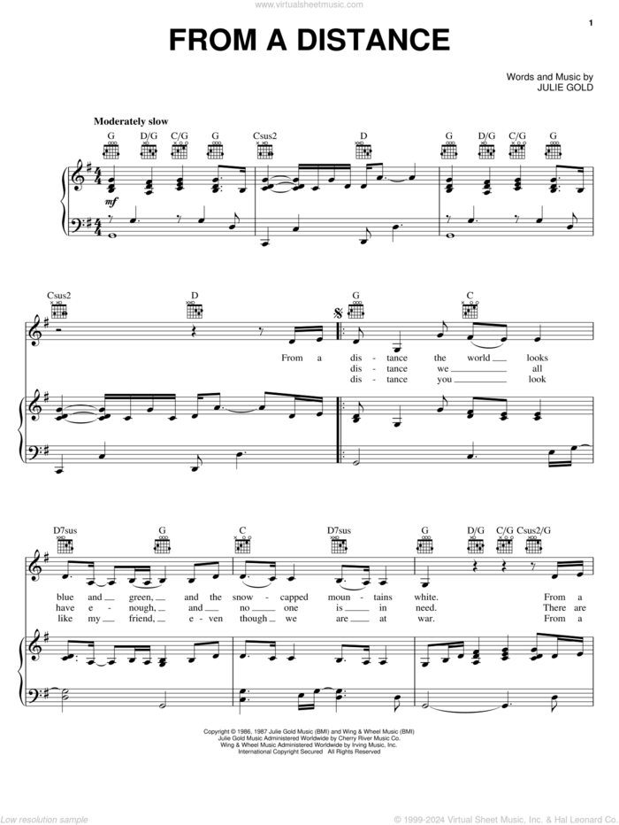 From A Distance sheet music for voice, piano or guitar by Bette Midler, Nanci Griffith and Julie Gold, intermediate skill level