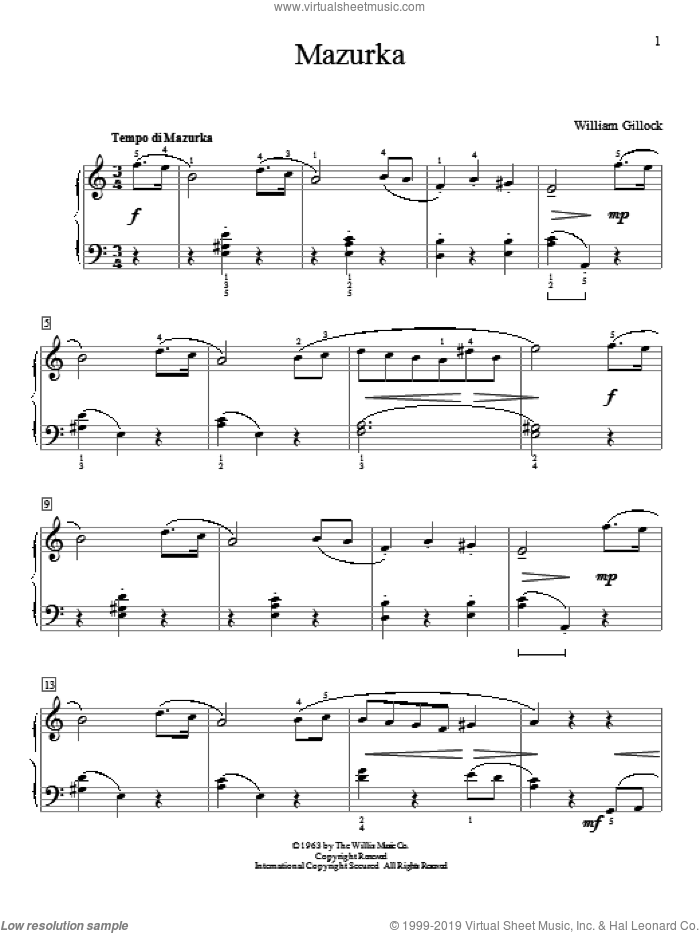 Mazurka sheet music for piano solo (elementary) by William Gillock, beginner piano (elementary)