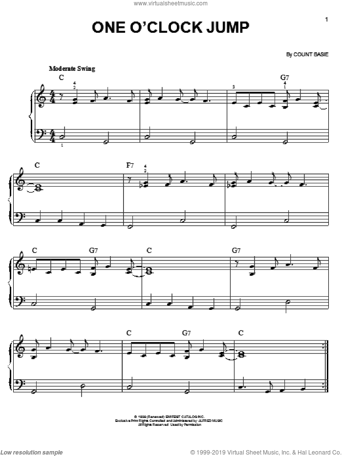 One O'Clock Jump sheet music for piano solo by Count Basie, easy skill level