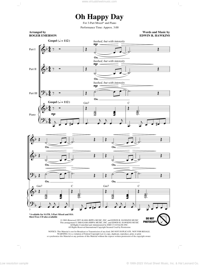 Oh Happy Day (arr. Roger Emerson) sheet music for choir (3-Part Mixed) by Edwin R. Hawkins and Roger Emerson, intermediate skill level