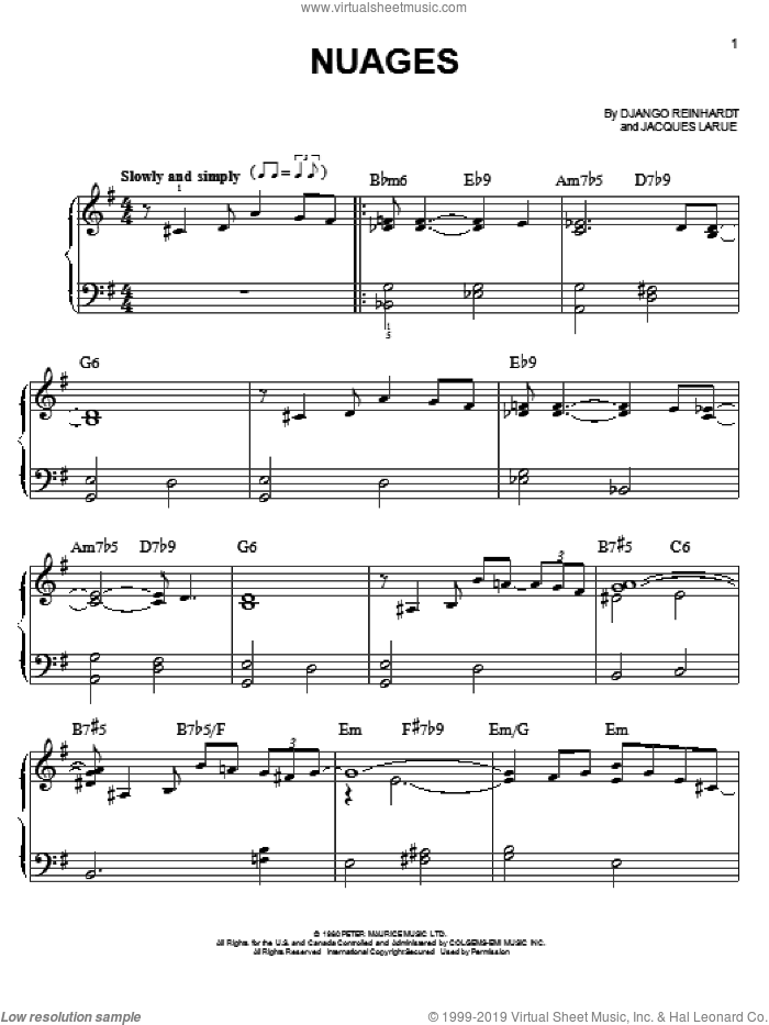 Nuages, (easy) sheet music for piano solo by Django Reinhardt and Jacques Larue, easy skill level
