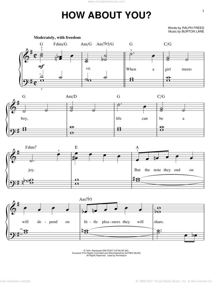 How About You? sheet music for piano solo by Ralph Freed and Burton Lane, easy skill level
