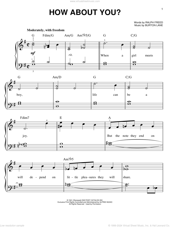 How About You? sheet music for piano solo by Ralph Freed and Burton Lane, easy skill level