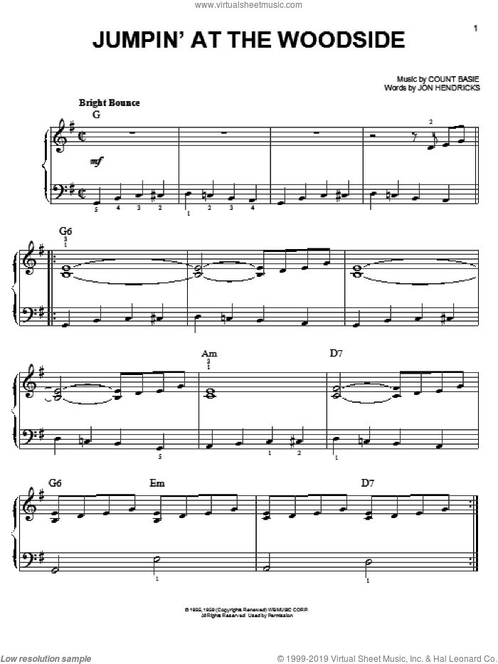 Jumpin' At The Woodside sheet music for piano solo by Count Basie and Jon Hendricks, easy skill level