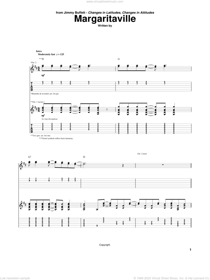Margaritaville sheet music for guitar (tablature) by Jimmy Buffett, intermediate skill level