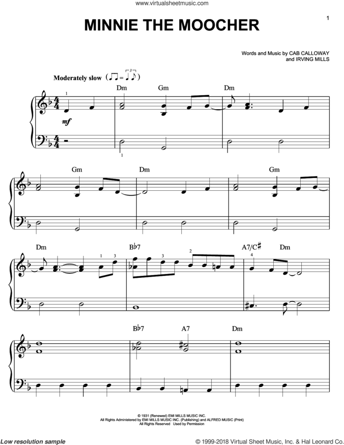 Minnie The Moocher sheet music for piano solo by Cab Calloway, Big Bad Voodoo Daddy and Irving Mills, easy skill level