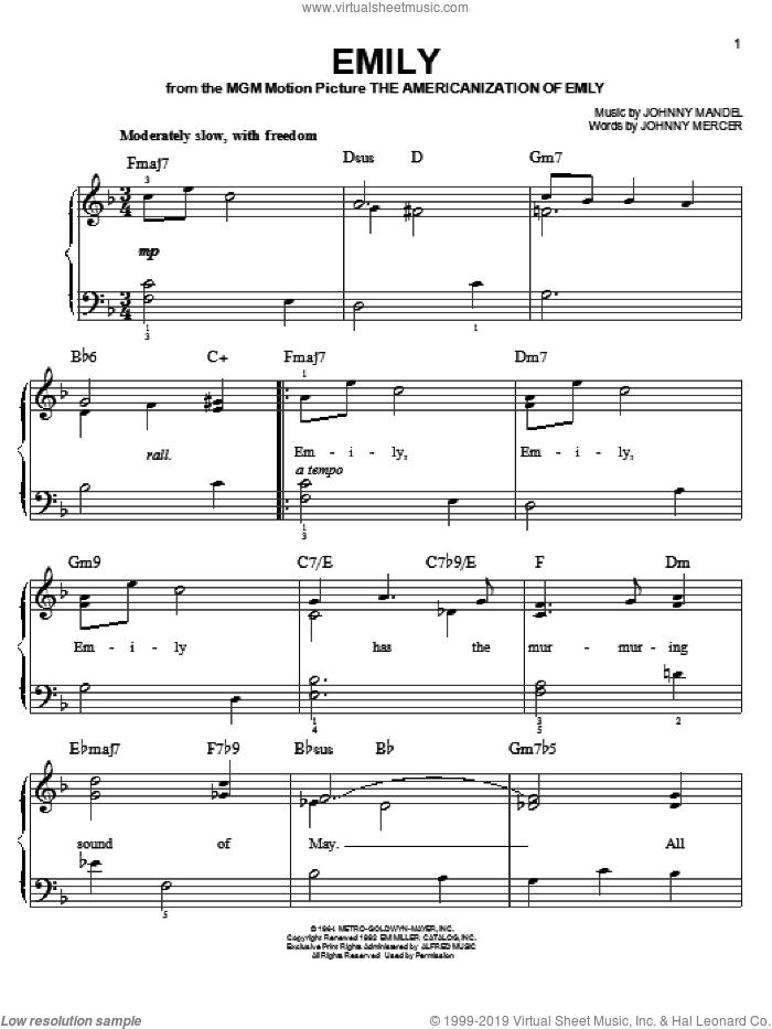 Emily, (easy) sheet music for piano solo by Johnny Mandel and Johnny Mercer, easy skill level