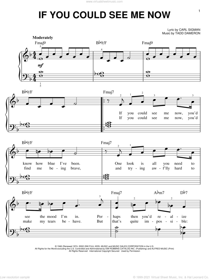 If You Could See Me Now, (easy) sheet music for piano solo by Carl Sigman and Tadd Dameron, easy skill level