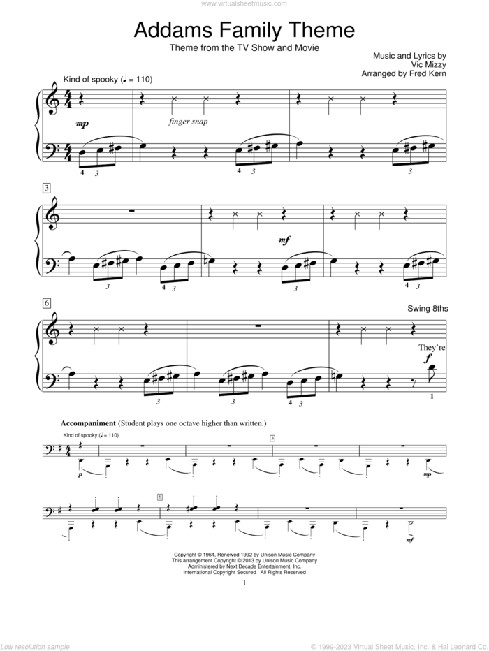 The Addams Family Theme sheet music for piano solo (elementary) by Vic Mizzy and Fred Kern, beginner piano (elementary)