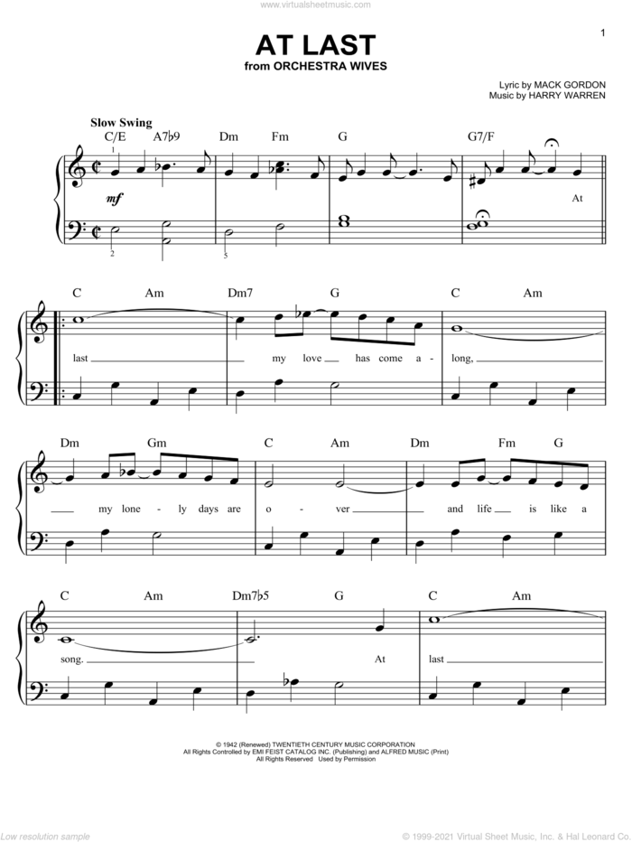 At Last, (beginner) sheet music for piano solo by Etta James, Celine Dion, Harry Warren and Mack Gordon, beginner skill level