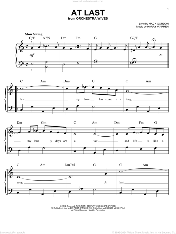 At Last, (beginner) sheet music for piano solo by Etta James, Celine Dion, Harry Warren and Mack Gordon, wedding score, beginner skill level