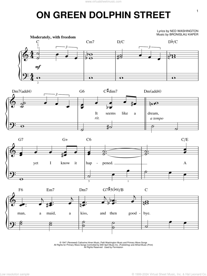 On Green Dolphin Street, (easy) sheet music for piano solo by Bronislau Kaper and Ned Washington, easy skill level