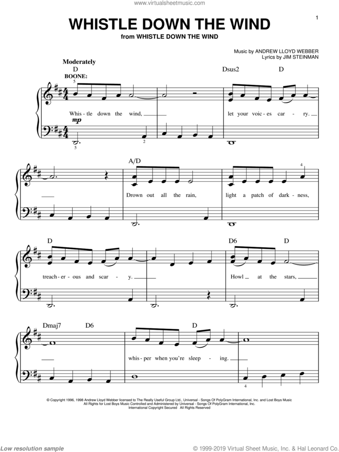 Whistle Down The Wind sheet music for piano solo by Andrew Lloyd Webber, Whistle Down The Wind (Musical) and Jim Steinman, easy skill level
