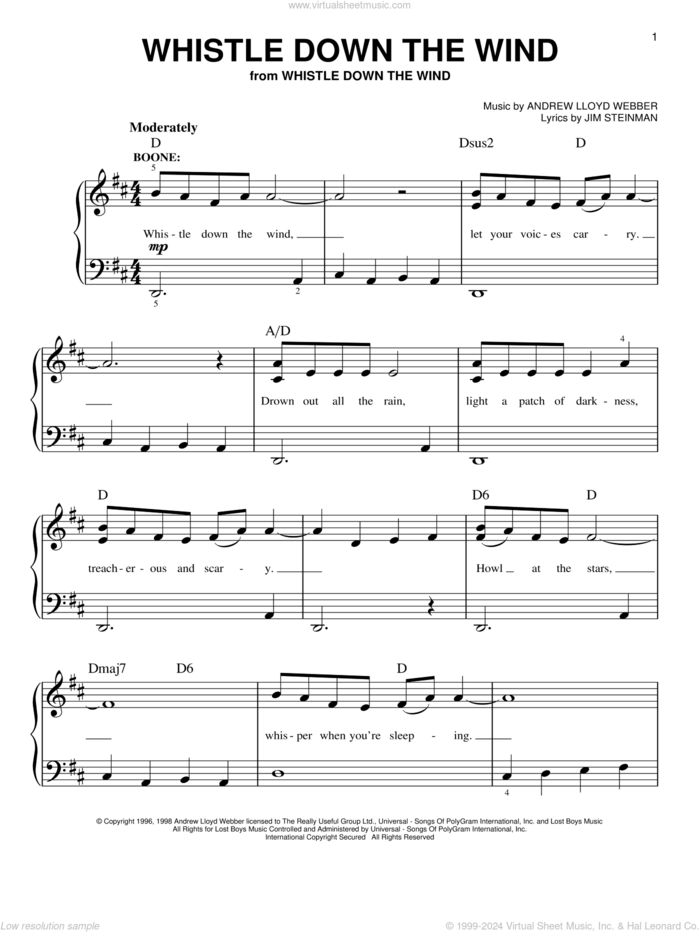 Whistle Down The Wind, (easy) sheet music for piano solo by Andrew Lloyd Webber, Whistle Down The Wind (Musical) and Jim Steinman, easy skill level