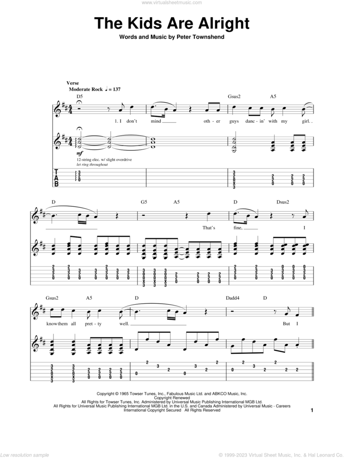 The Kids Are Alright sheet music for guitar (tablature, play-along) by The Who and Pete Townshend, intermediate skill level