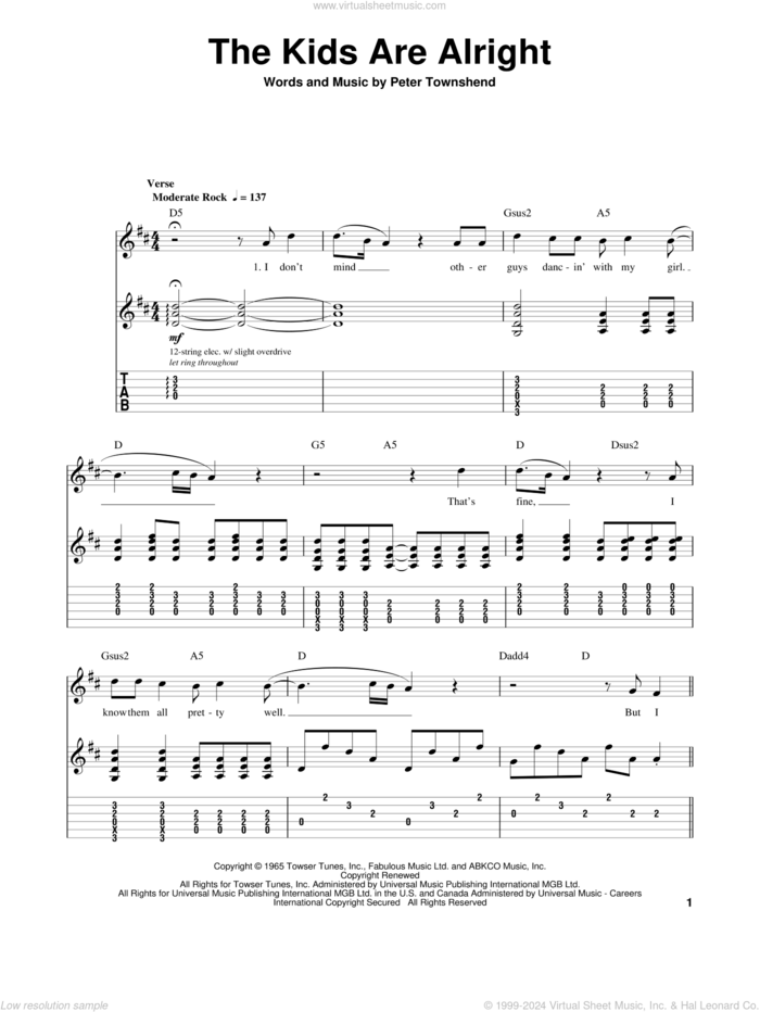 The Kids Are Alright sheet music for guitar (tablature, play-along) by The Who and Pete Townshend, intermediate skill level