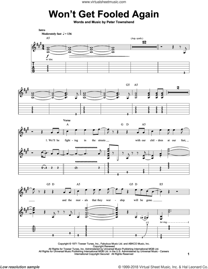 Won't Get Fooled Again sheet music for guitar (tablature, play-along) by The Who and Pete Townshend, intermediate skill level