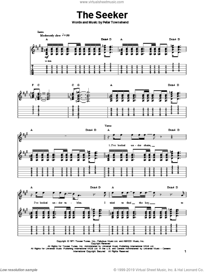 The Seeker sheet music for guitar (tablature, play-along) by The Who and Pete Townshend, intermediate skill level