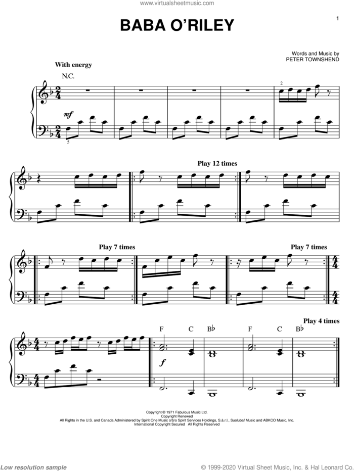 Baba O'Riley sheet music for piano solo by The Who, Miscellaneous and Pete Townshend, easy skill level