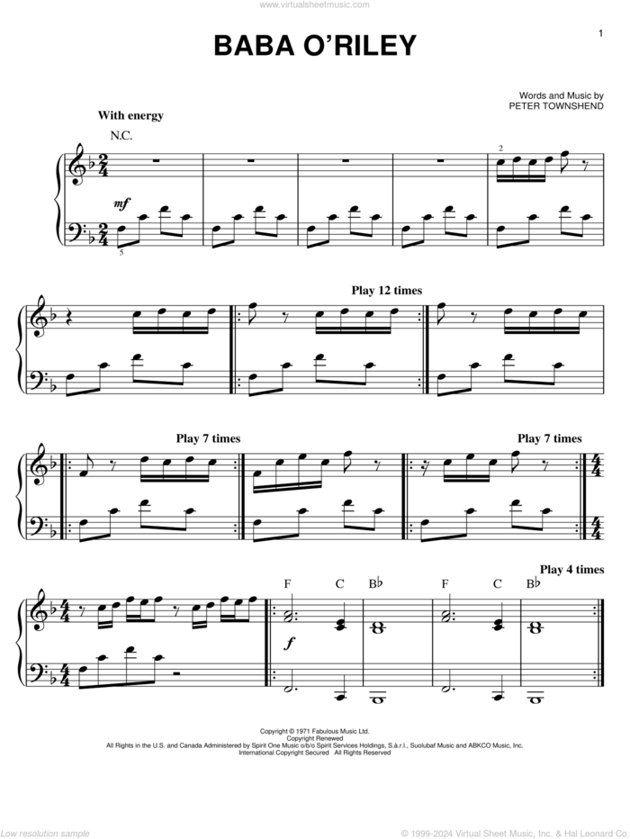 Baba O'Riley sheet music for piano solo by The Who, Miscellaneous and Pete Townshend, easy skill level