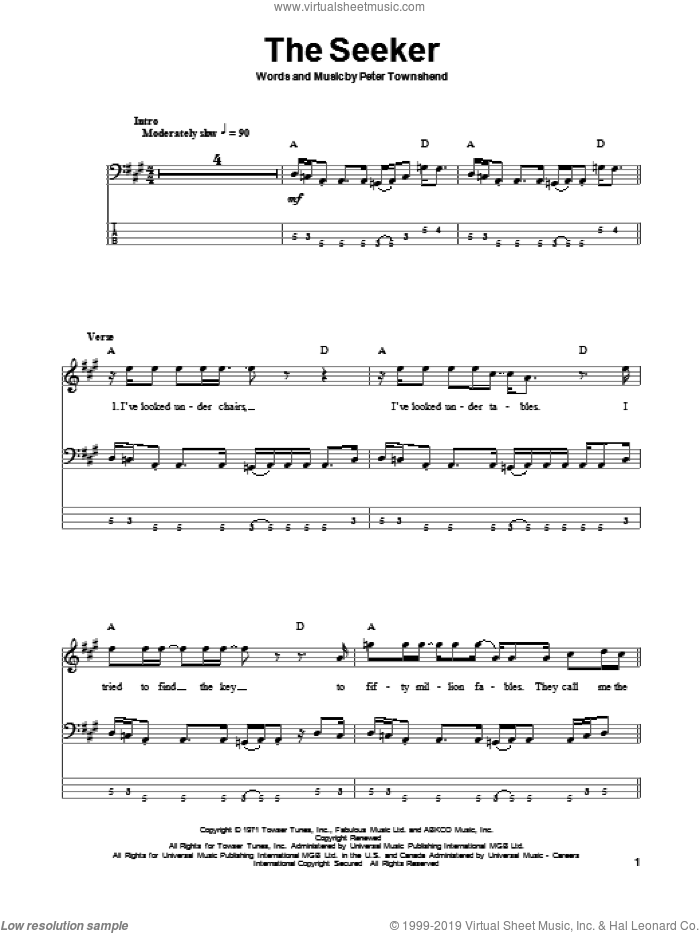 The Seeker sheet music for bass (tablature) (bass guitar) by The Who and Pete Townshend, intermediate skill level