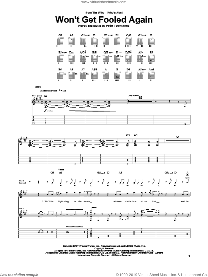 Won't Get Fooled Again sheet music for guitar (tablature) by The Who and Pete Townshend, intermediate skill level