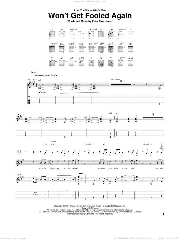 Won't Get Fooled Again sheet music for guitar (tablature) by The Who and Pete Townshend, intermediate skill level
