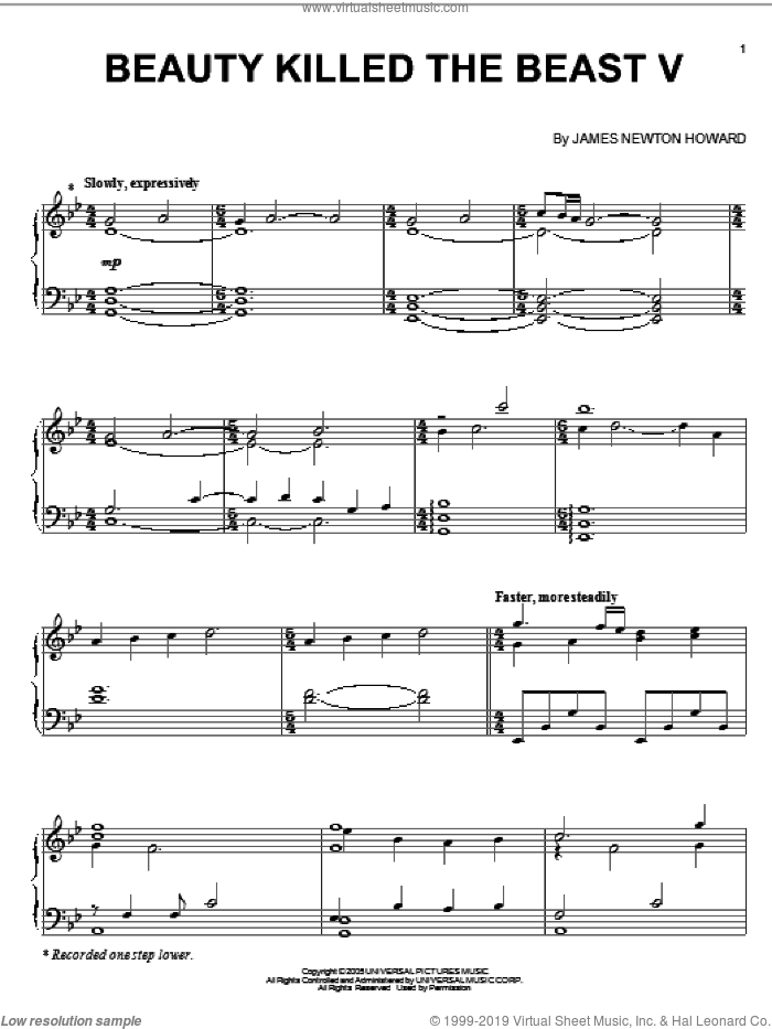 Beauty Killed The Beast V sheet music for piano solo by James Newton Howard and King Kong (Movie), intermediate skill level