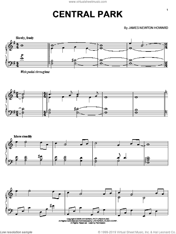 Central Park sheet music for piano solo by James Newton Howard and King Kong (Movie), intermediate skill level