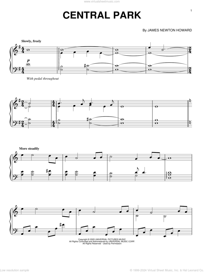 Central Park sheet music for piano solo by James Newton Howard and King Kong (Movie), intermediate skill level