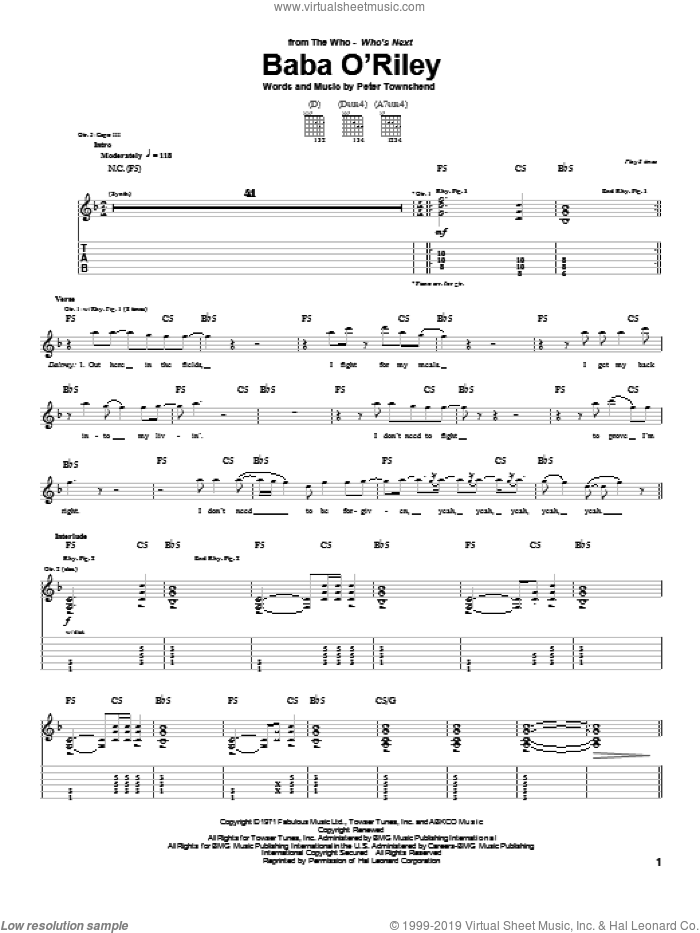 Baba O'Riley sheet music for guitar (tablature) by The Who and Pete Townshend, intermediate skill level