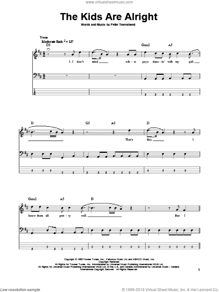 The Kids Are Alright sheet music for bass (tablature) (bass guitar) by The Who and Pete Townshend, intermediate skill level