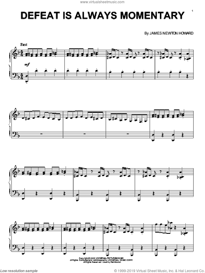 Defeat Is Always Momentary sheet music for piano solo by James Newton Howard and King Kong (Movie), intermediate skill level