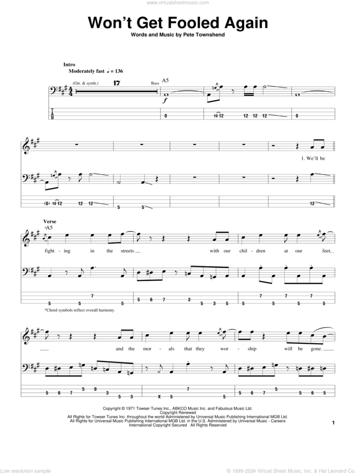 Won't Get Fooled Again sheet music for bass (tablature) (bass guitar) by The Who and Pete Townshend, intermediate skill level