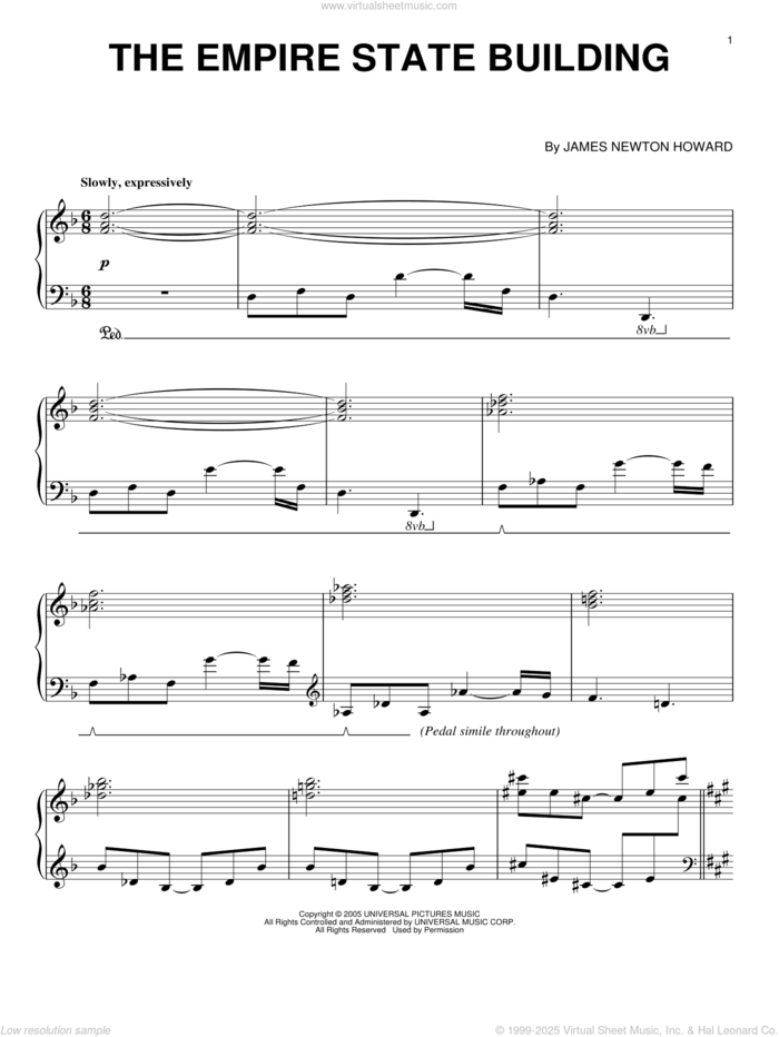 The Empire State Building sheet music for piano solo by James Newton Howard and King Kong (Movie), intermediate skill level