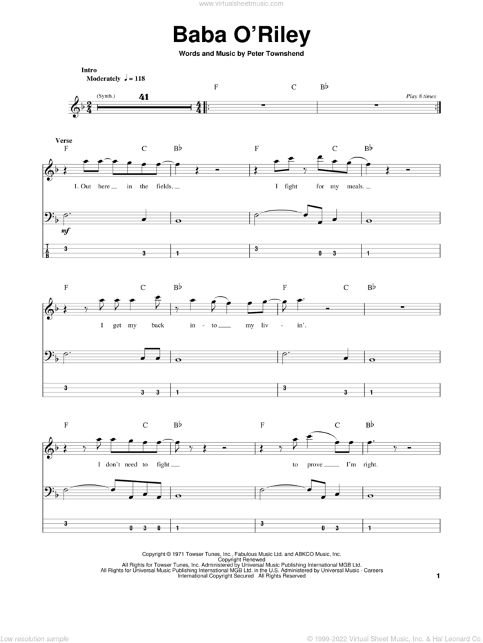 Baba O'Riley sheet music for bass (tablature) (bass guitar) by The Who and Pete Townshend, intermediate skill level