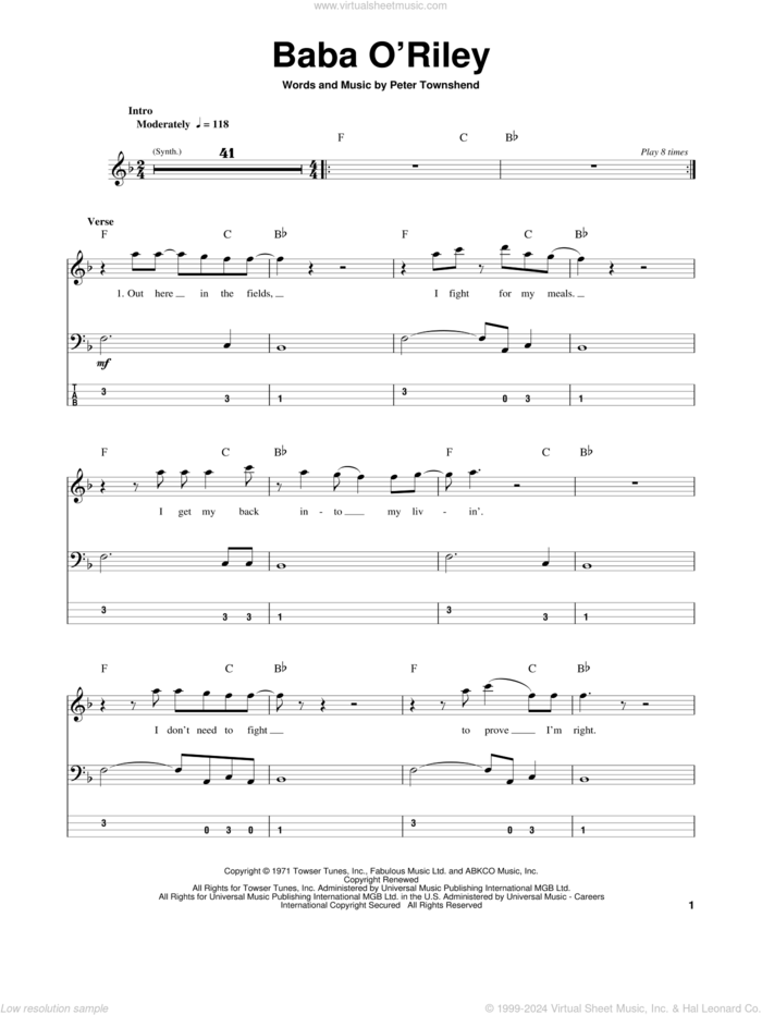 Baba O'Riley sheet music for bass (tablature) (bass guitar) by The Who and Pete Townshend, intermediate skill level