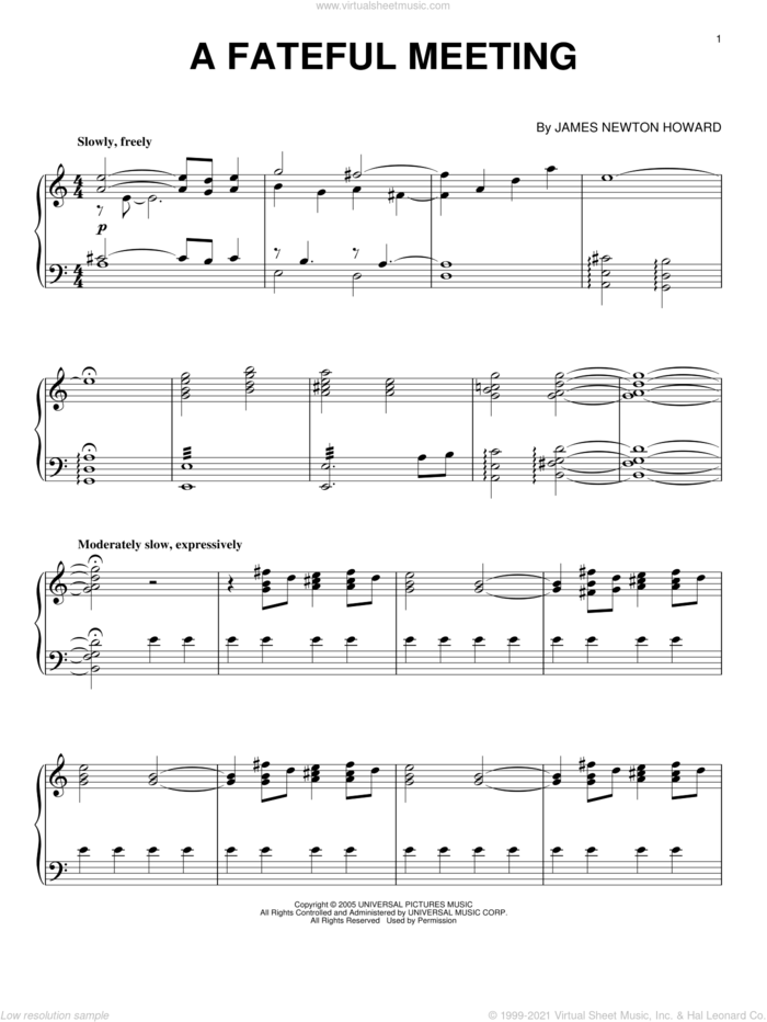 A Fateful Meeting sheet music for piano solo by James Newton Howard and King Kong (Movie), intermediate skill level