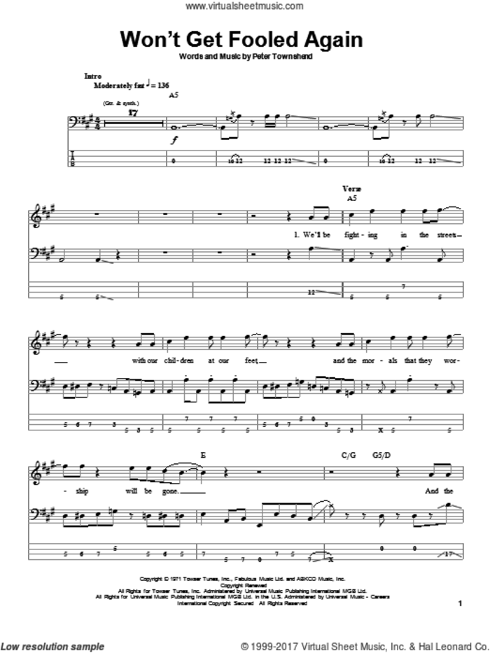 Won't Get Fooled Again sheet music for bass (tablature) (bass guitar) by The Who and Pete Townshend, intermediate skill level