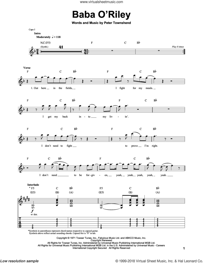 Baba O'Riley sheet music for guitar (tablature, play-along) by The Who, Andrew DuBrock and Pete Townshend, intermediate skill level