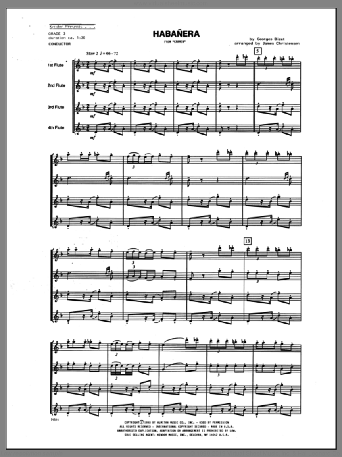 Habanera (from Carmen) (COMPLETE) sheet music for flute quartet by Christensen and Georges Bizet, classical score, intermediate skill level
