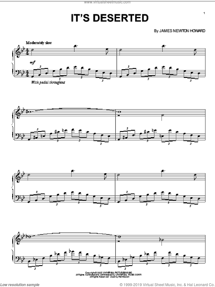 It's Deserted sheet music for piano solo by James Newton Howard and King Kong (Movie), intermediate skill level