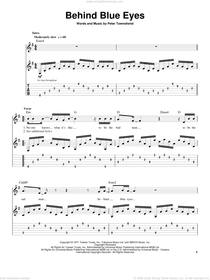 Behind Blue Eyes sheet music for guitar (tablature, play-along) by The Who, intermediate skill level