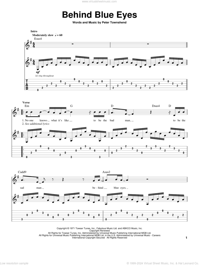 Behind Blue Eyes sheet music for guitar (tablature, play-along) by The Who, intermediate skill level