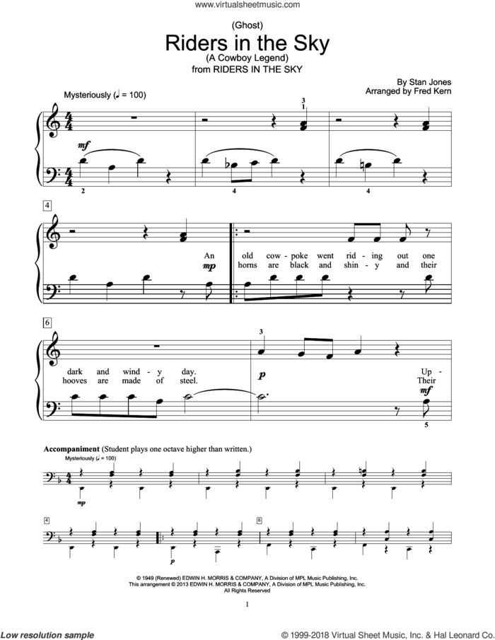 (Ghost) Riders In The Sky (A Cowboy Legend) (arr. Fred Kern) sheet music for piano solo (elementary) by Johnny Cash, Fred Kern, Stan Jones and The Ramrods, beginner piano (elementary)