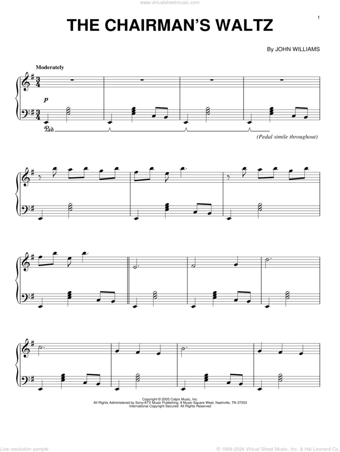 The Chairman's Waltz sheet music for piano solo by John Williams and Memoirs Of A Geisha (Movie), intermediate skill level