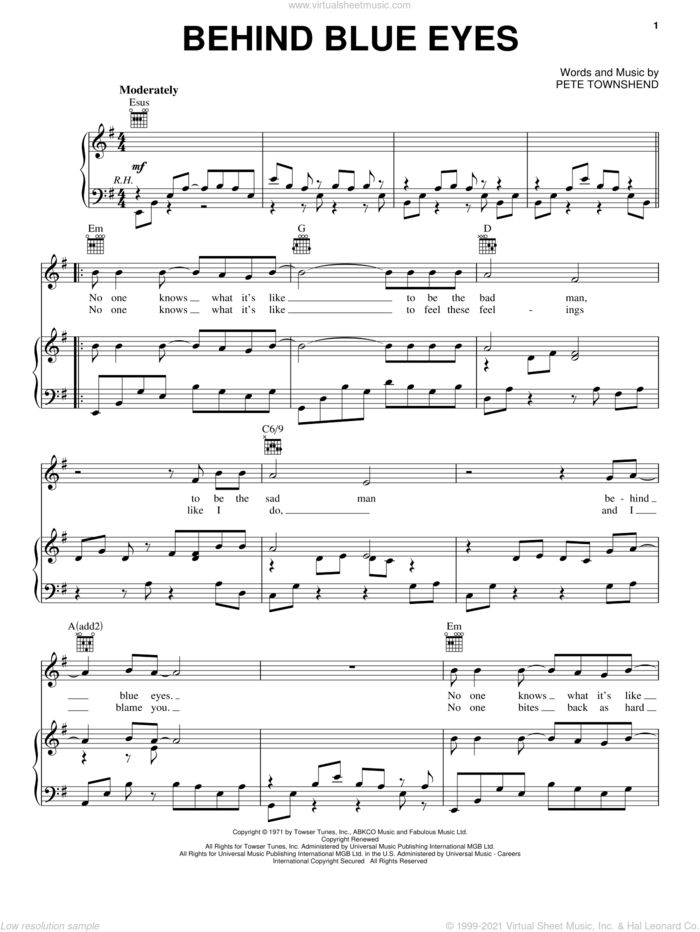 Behind Blue Eyes sheet music for voice, piano or guitar by The Who, intermediate skill level