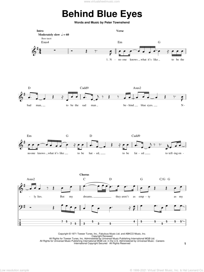 Behind Blue Eyes sheet music for bass (tablature) (bass guitar) by The Who, intermediate skill level